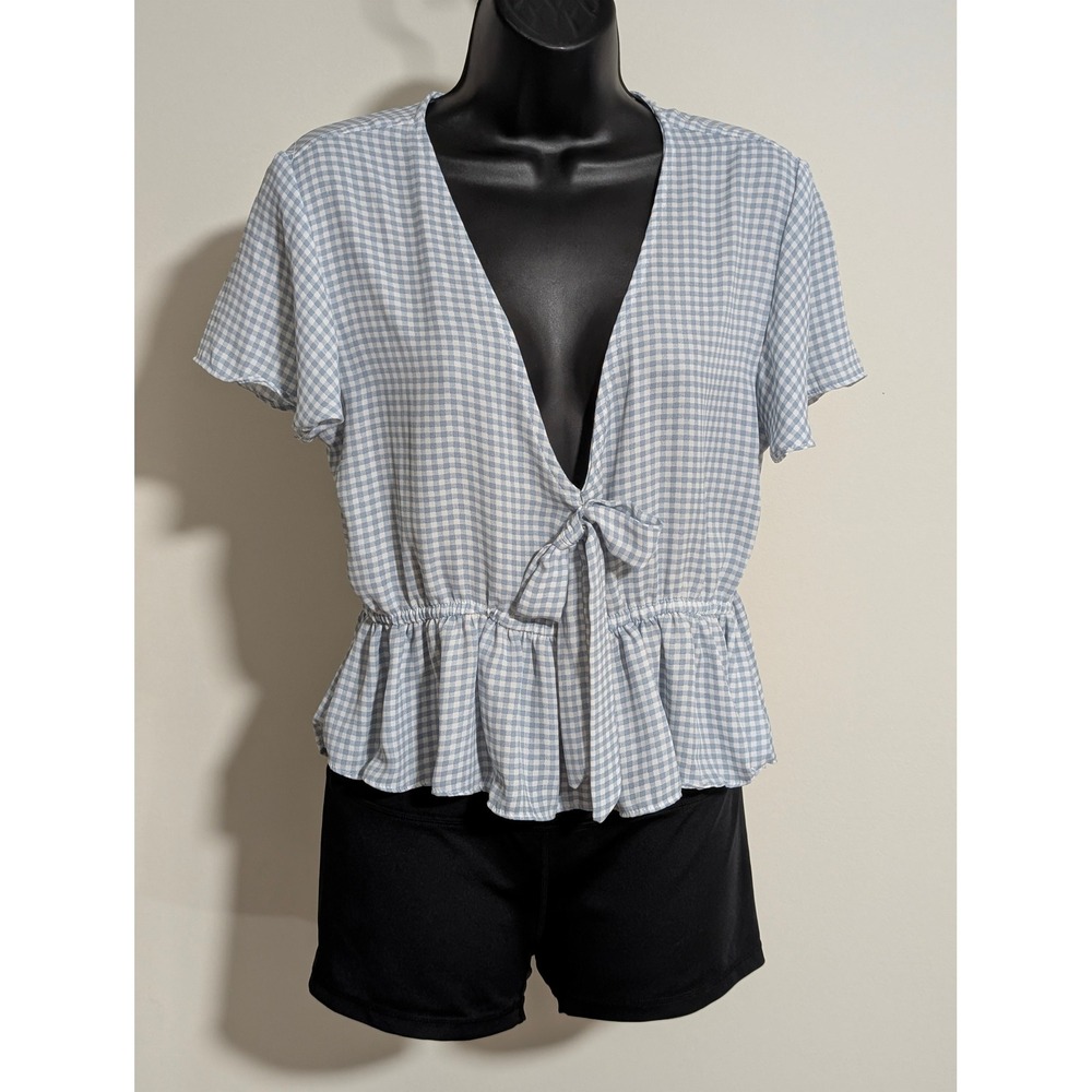 Altar'd State Blue Gingham Top Tie Front Peplum Short Sleeve Blouse M
